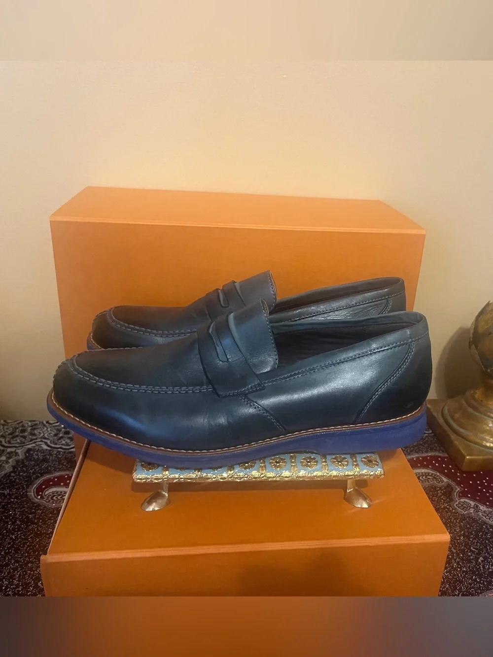 SANDRO MOSCOLONI Romero Mocc Toe Penny Slipon Sidney Black Leather - Size 11D